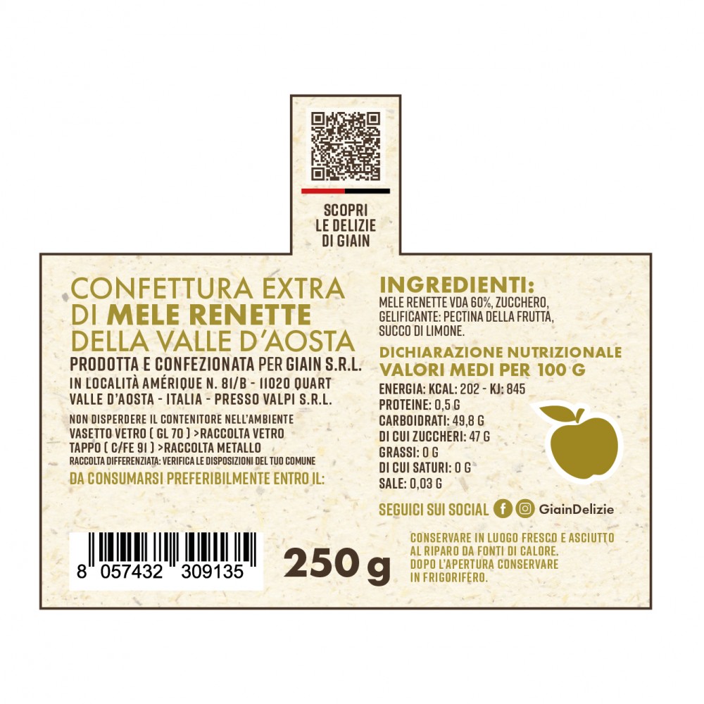 Confiture de pommes extra Rensure de la Vallée d'Aoste – 250 g