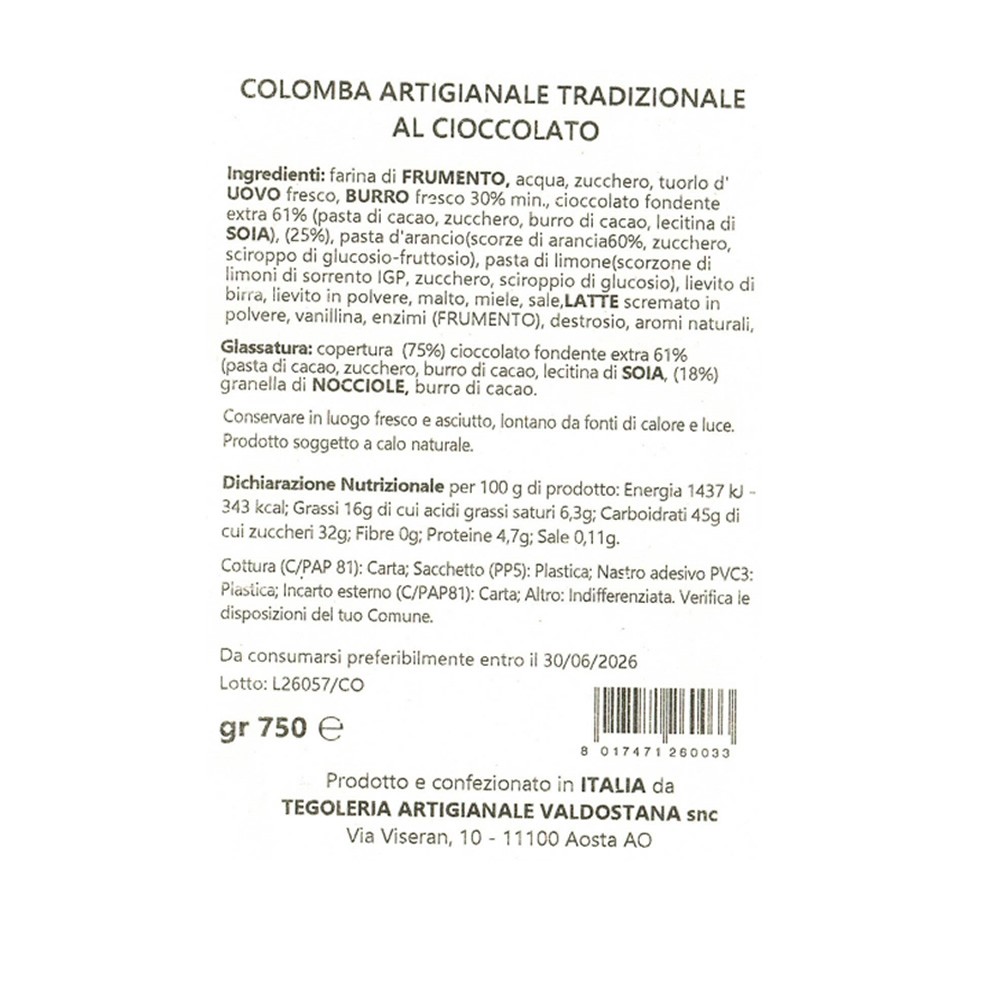 Colomba Pasquale artigianale cioccolato 750 gr