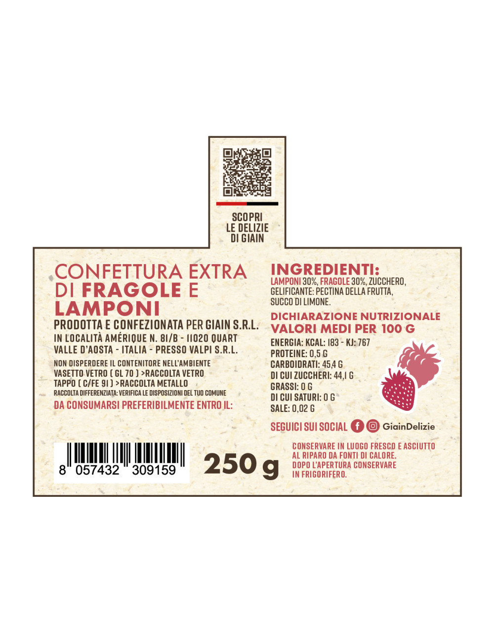 Confettura extra di fragole e lamponi 250gr