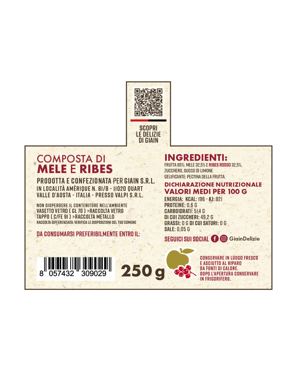 GIAIN Apple and Redcurrant Fruit Spread – 250 g