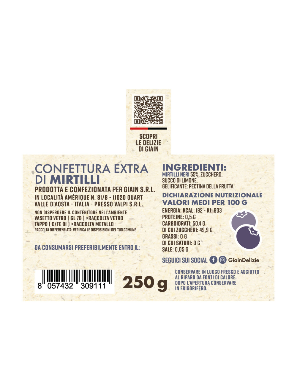 Confettura extra di mirtilli 250gr